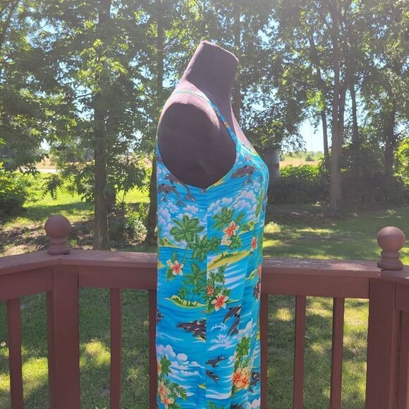 ALOHA Women's Blue Hawaiian Print Sleeveless Summer Mini Dress Size Medium - Picture 9 of 12